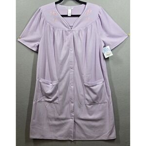 Adonna Nightgown Womens Small Lavender Purple Button Front‎ Embroidered Pockets